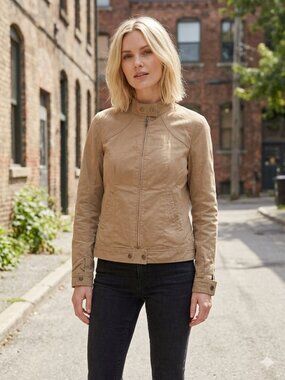 Roots 73 Women's Cotton Cafe Racer Jacket Tan Camel Size Medium M Full Zip